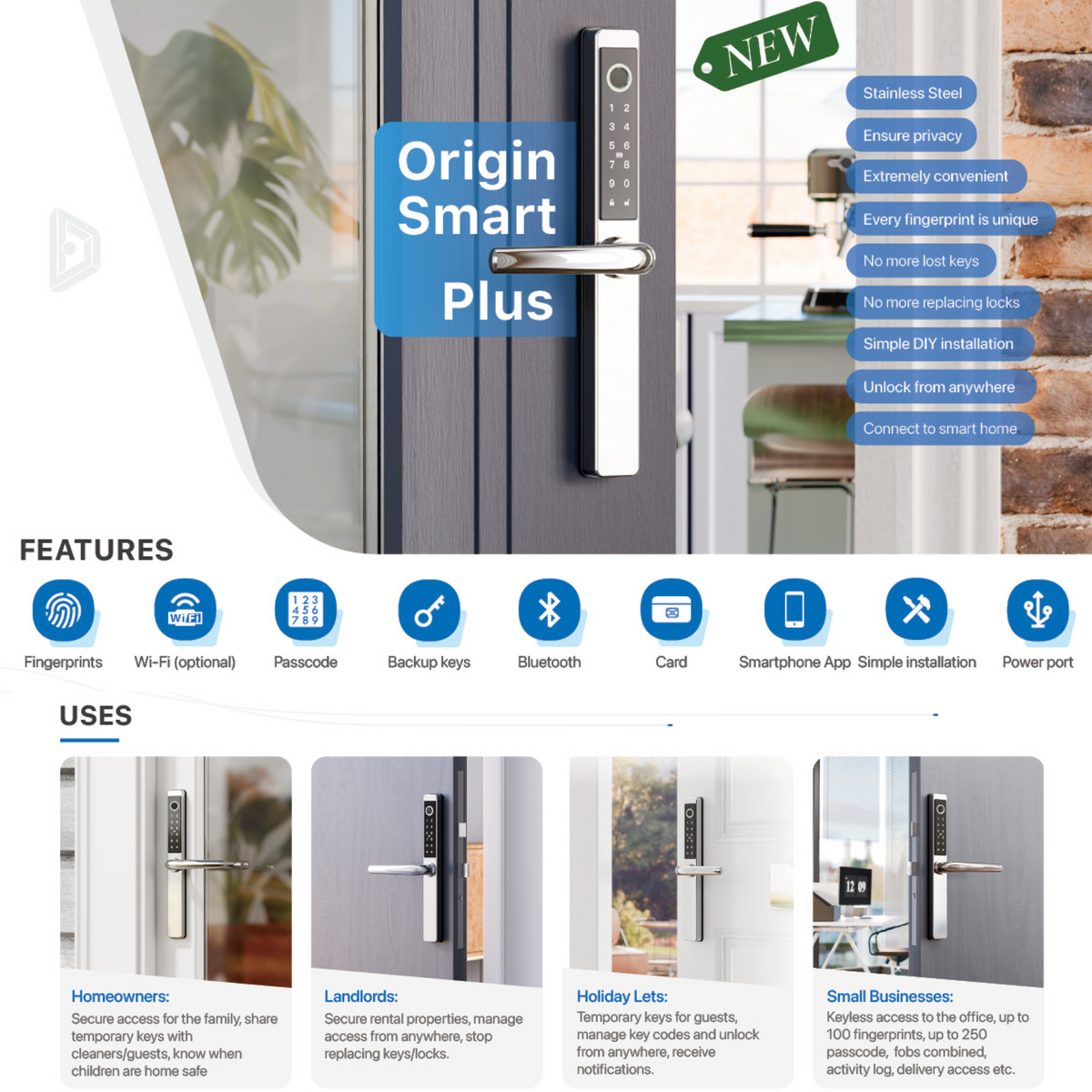 Blusafe Origin Smart Plus Smart Handle Stainless Steel — Fingerprint, RFID & App