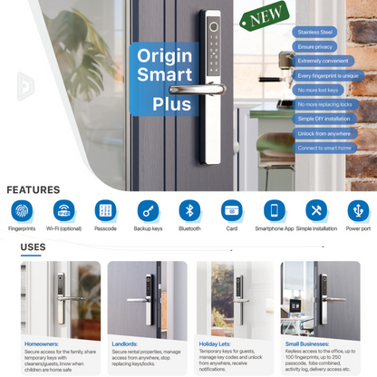 Blusafe Origin Smart Plus Smart Handle Stainless Steel — Fingerprint, RFID & App
