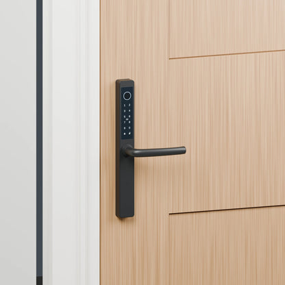 Origin Smart Plus V8 installed on a full timber door in a fitted frame; smart handle sold separately