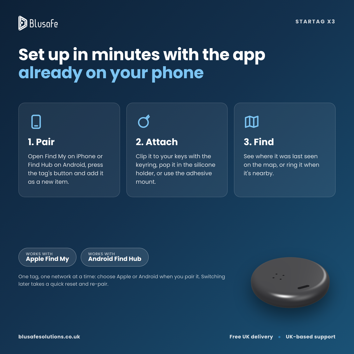StarTag X3 Bluetooth Tracker — Apple Find My or Android Find Hub