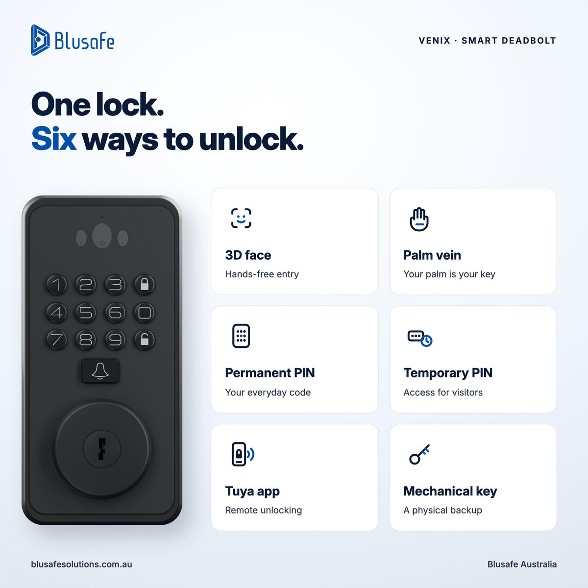 Six ways to unlock Venix: 3D face, palm vein, permanent PIN, temporary PIN, Tuya app and mechanical key