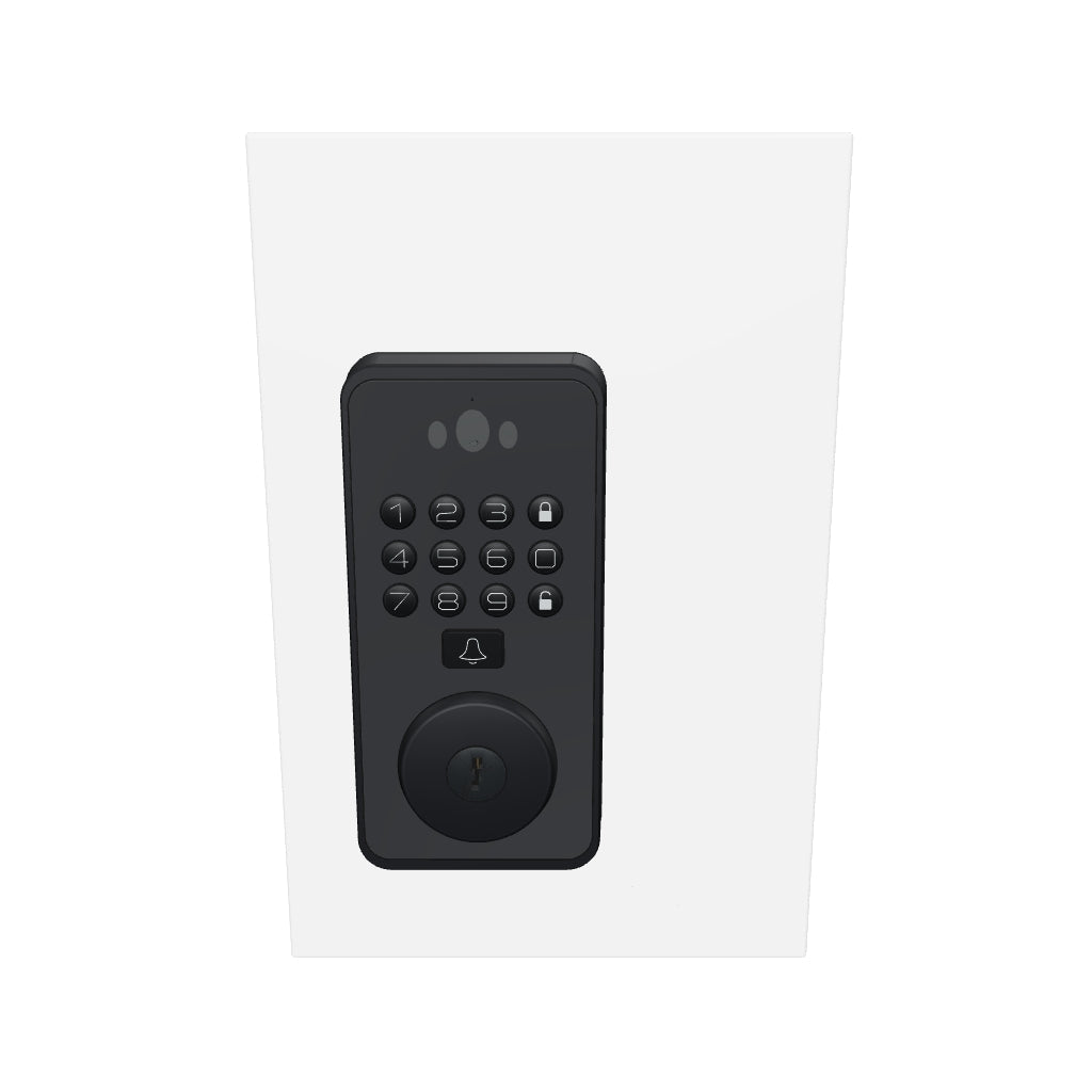 Blusafe Venix V4 interactive 3D model — front and back panels on an illustrative door, with lock and unlock animation